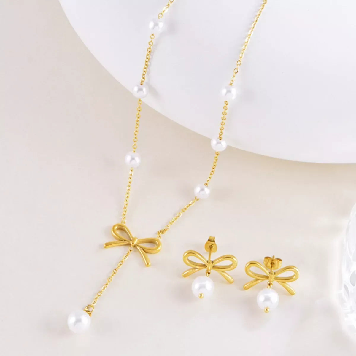 18K Gold-Plated Bowknot Pearl Jewelry Set - Trendsi - Flyclothing LLC