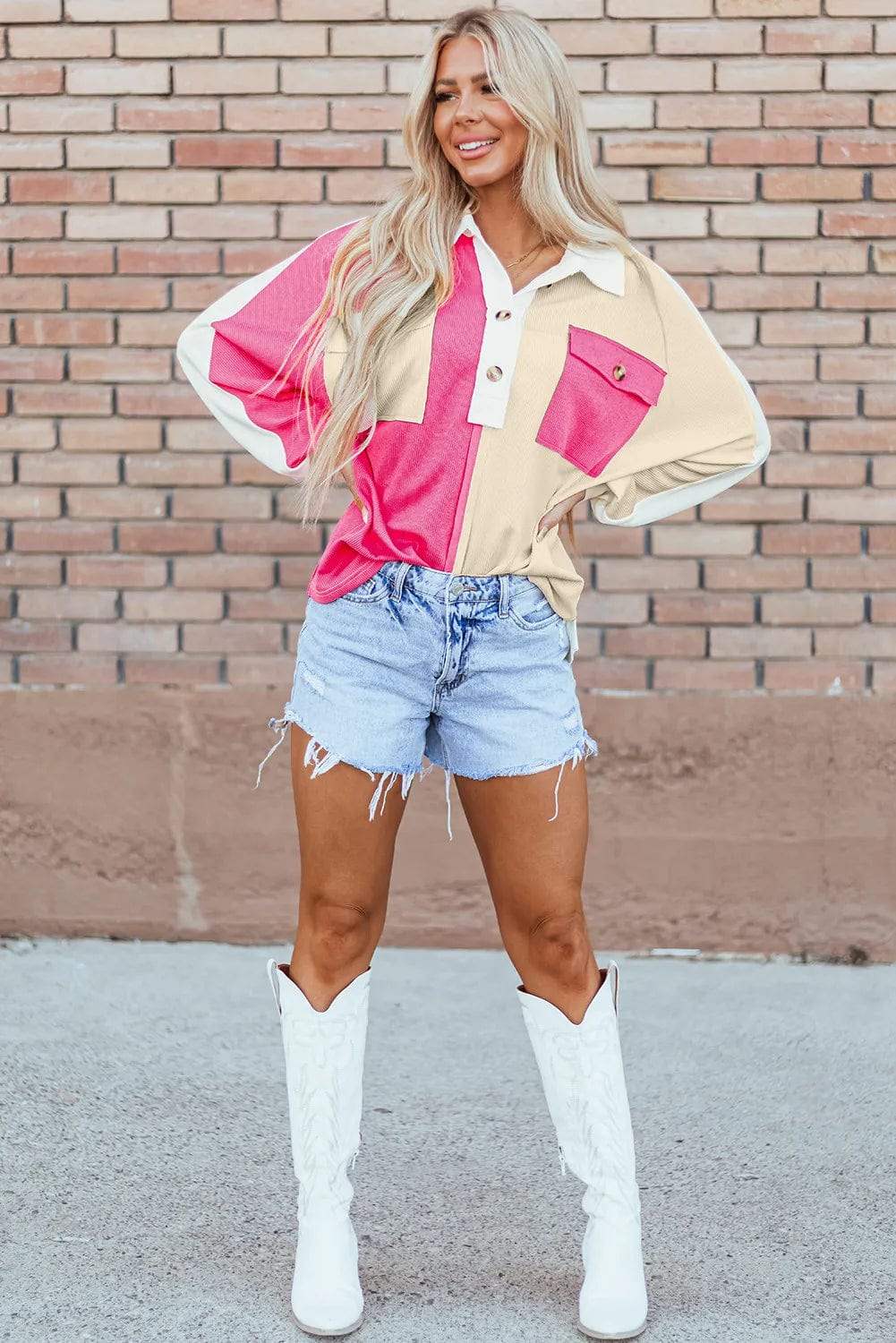 Color Block Collared Neck Long Sleeve Sweatshirt - Trendsi - Flyclothing LLC