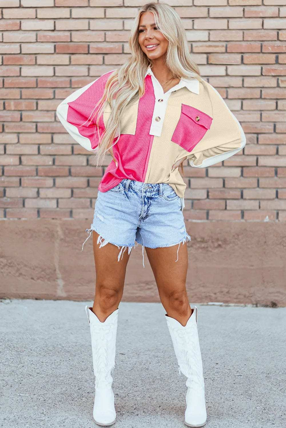 Color Block Collared Neck Long Sleeve Sweatshirt - Trendsi - Flyclothing LLC