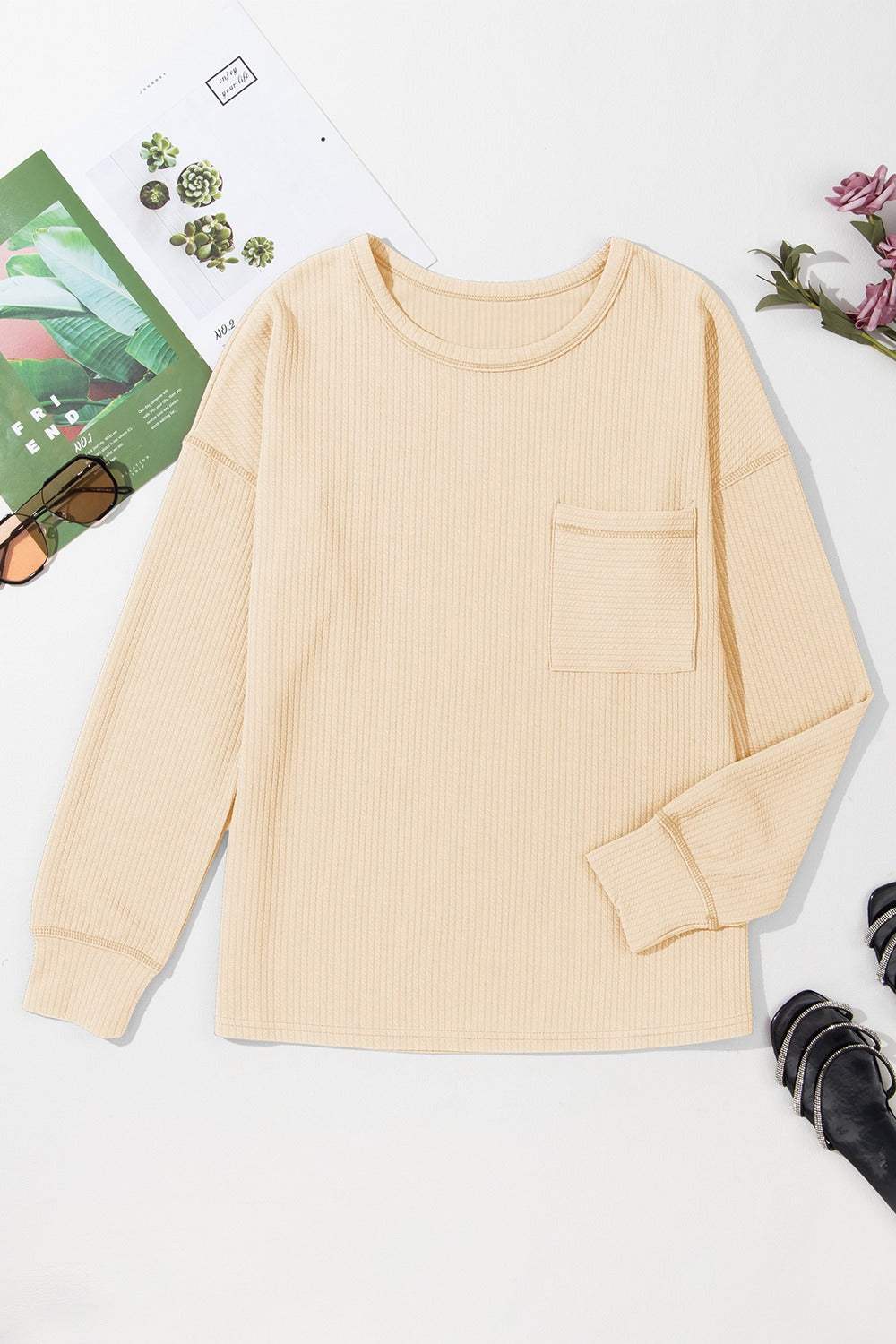 Pocketed Round Neck Long Sleeve Top - Trendsi - Flyclothing LLC