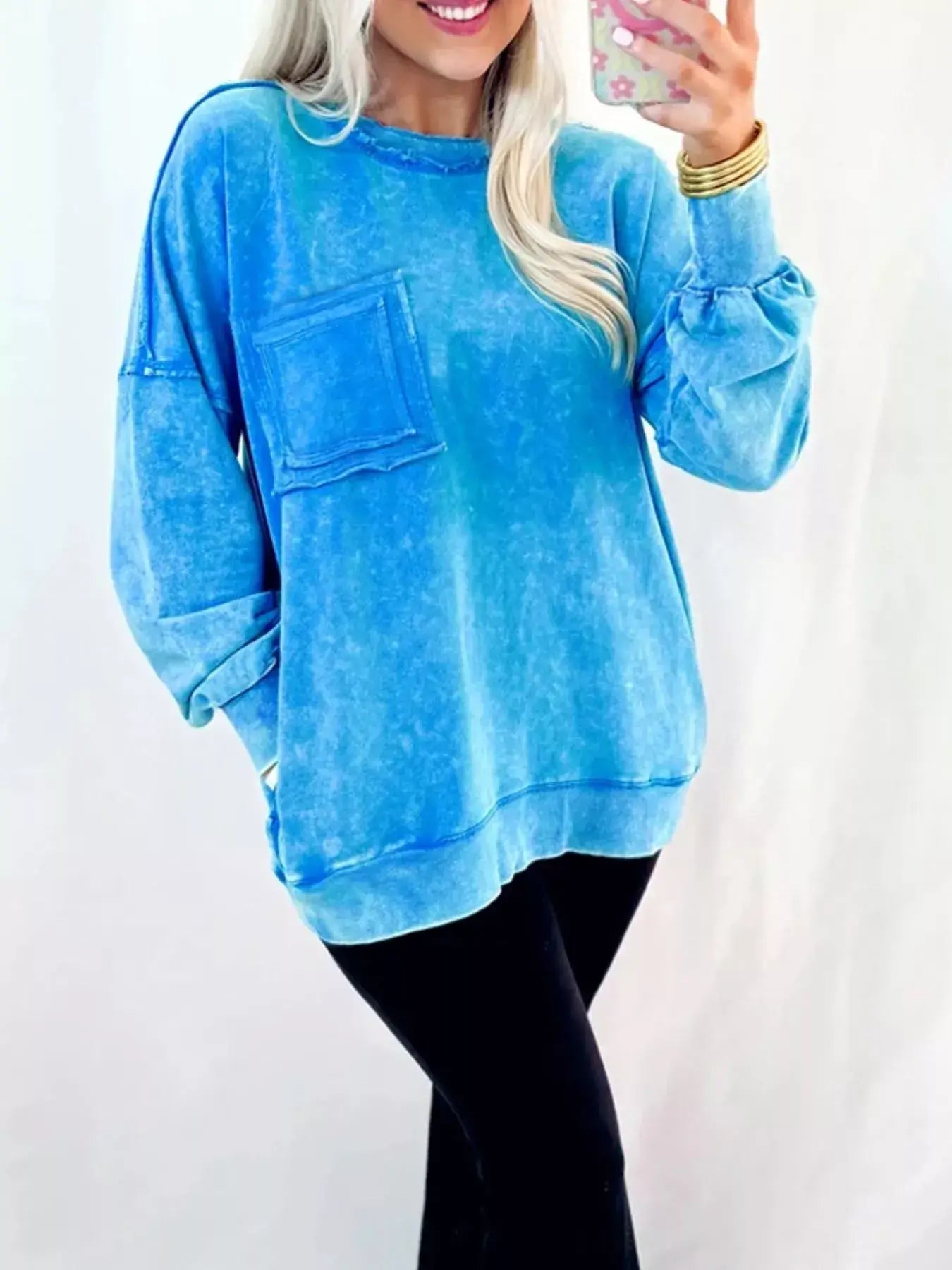 Mineral Wash Raw Seam Double Patched Pocket Sweatshirt - Trendsi - Flyclothing LLC