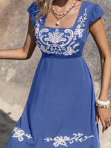 Embroidered Square Neck Cap Sleeve Dress - Trendsi - Flyclothing LLC