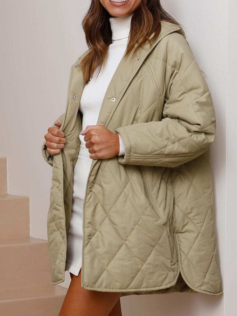 Slit Snap Down Long Sleeve Hooded Jacket - Trendsi - Flyclothing LLC