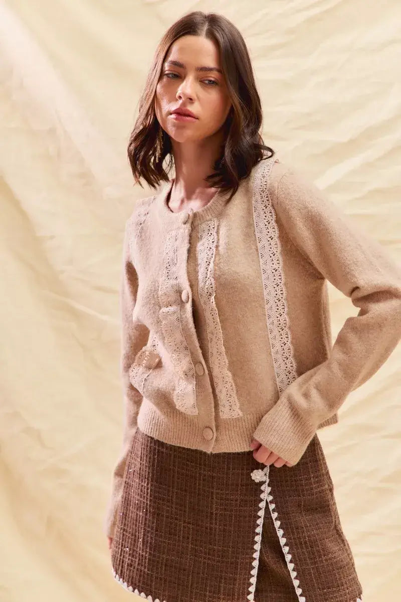 SO ME Front Lace Trim Button Cardigan Sweater - Trendsi - Flyclothing LLC