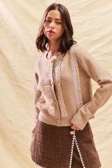 SO ME Front Lace Trim Button Cardigan Sweater - Trendsi - Flyclothing LLC