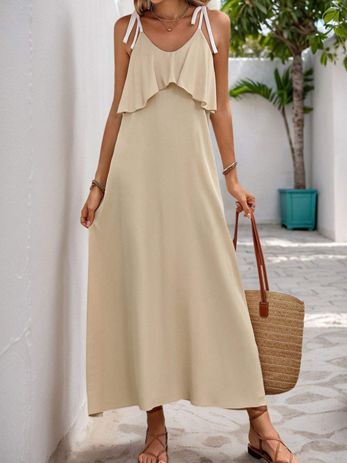 Perfee Tied Ruffled Scoop Neck Sleeveless Dress - Trendsi - Flyclothing LLC