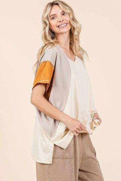 Mittoshop Color Block V-Neck Short Sleeve T-Shirt - Trendsi - Flyclothing LLC