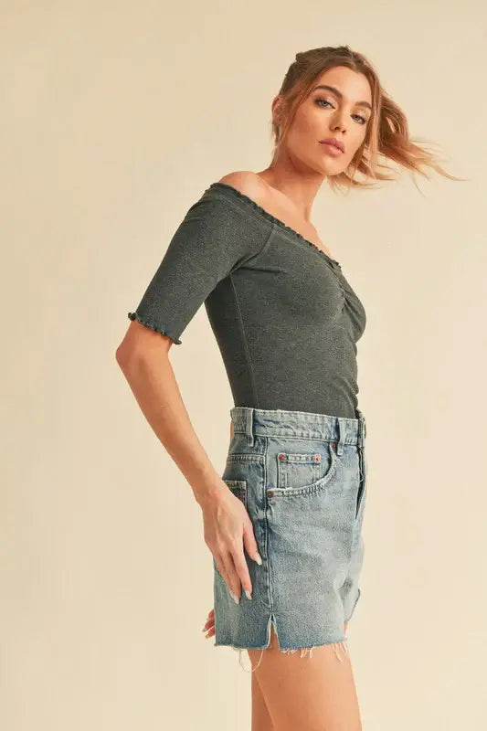 Aemi + Co Ruched Frill Off-Shoulder Half Sleeve Knit Top - Trendsi - Flyclothing LLC