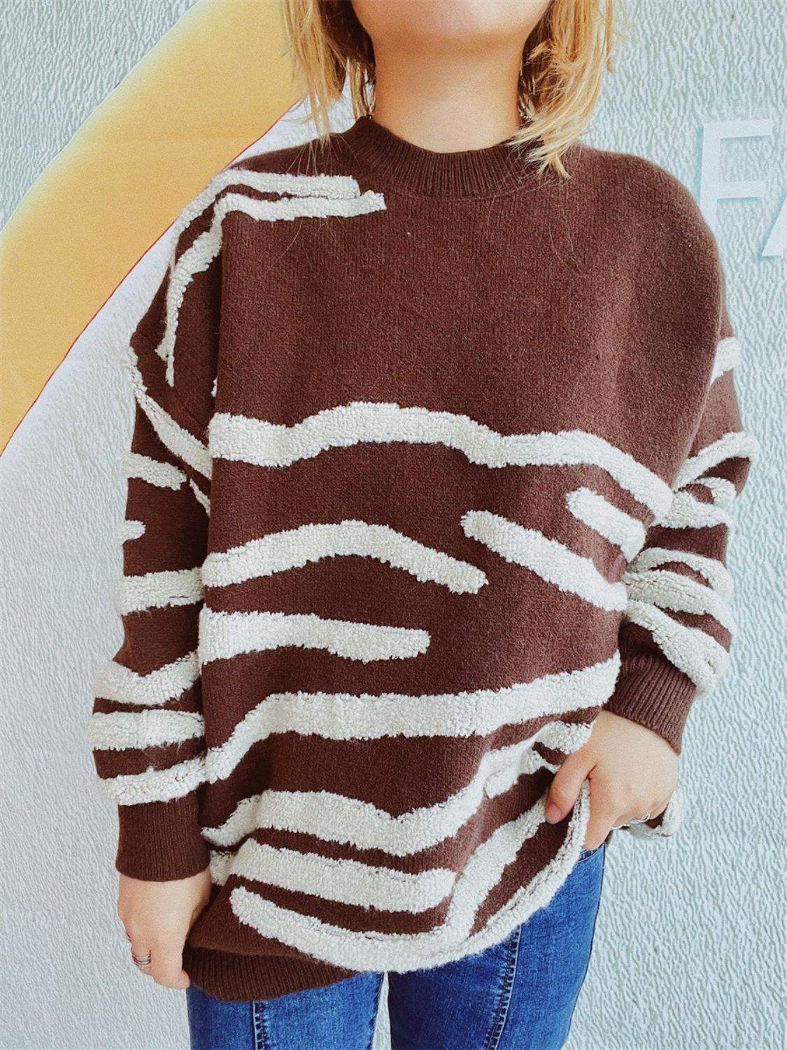 Contrast Round Neck Long Sleeve Sweater - Trendsi - Flyclothing LLC