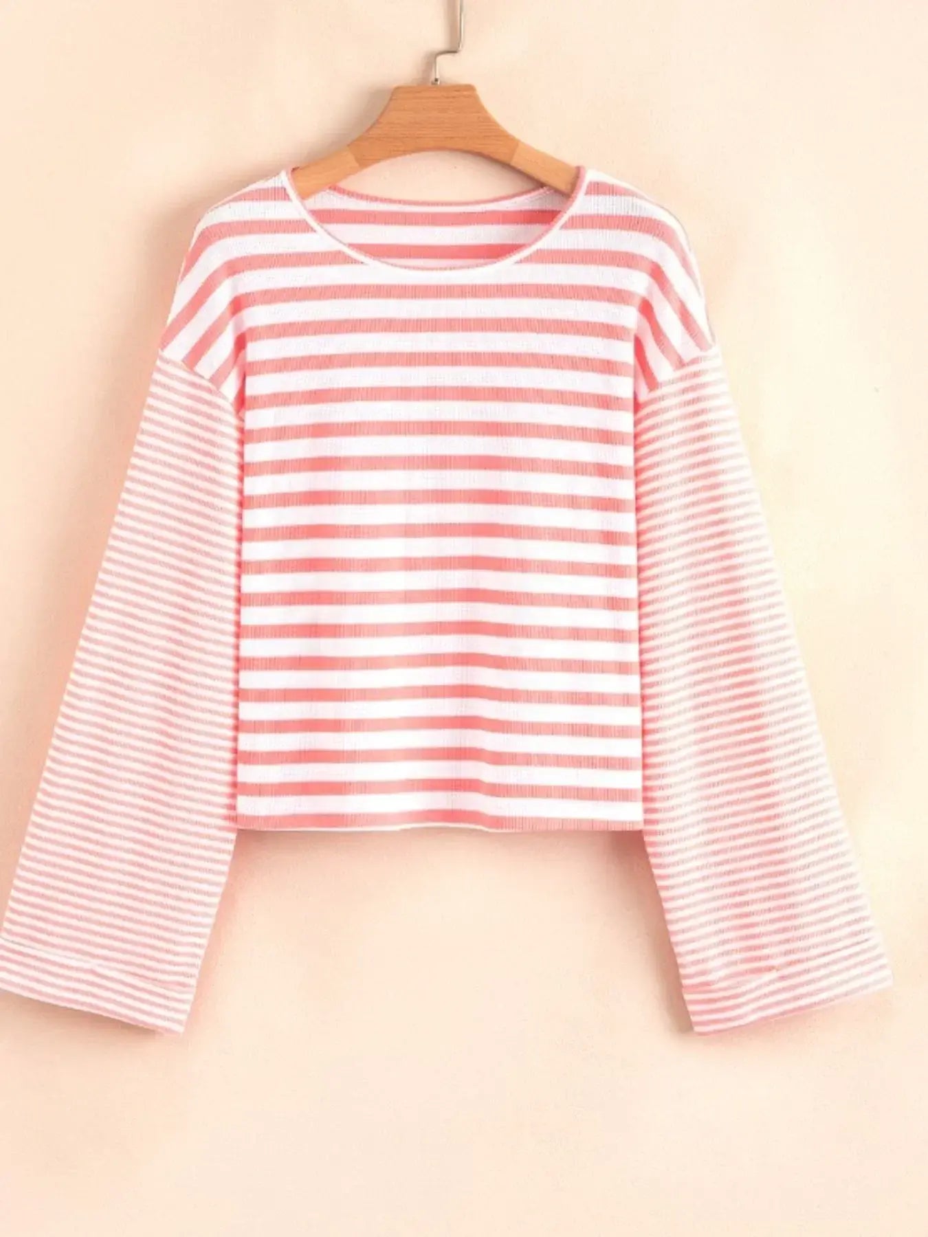 Striped Long Sleeve Ribbed Blouse - Trendsi - Flyclothing LLC