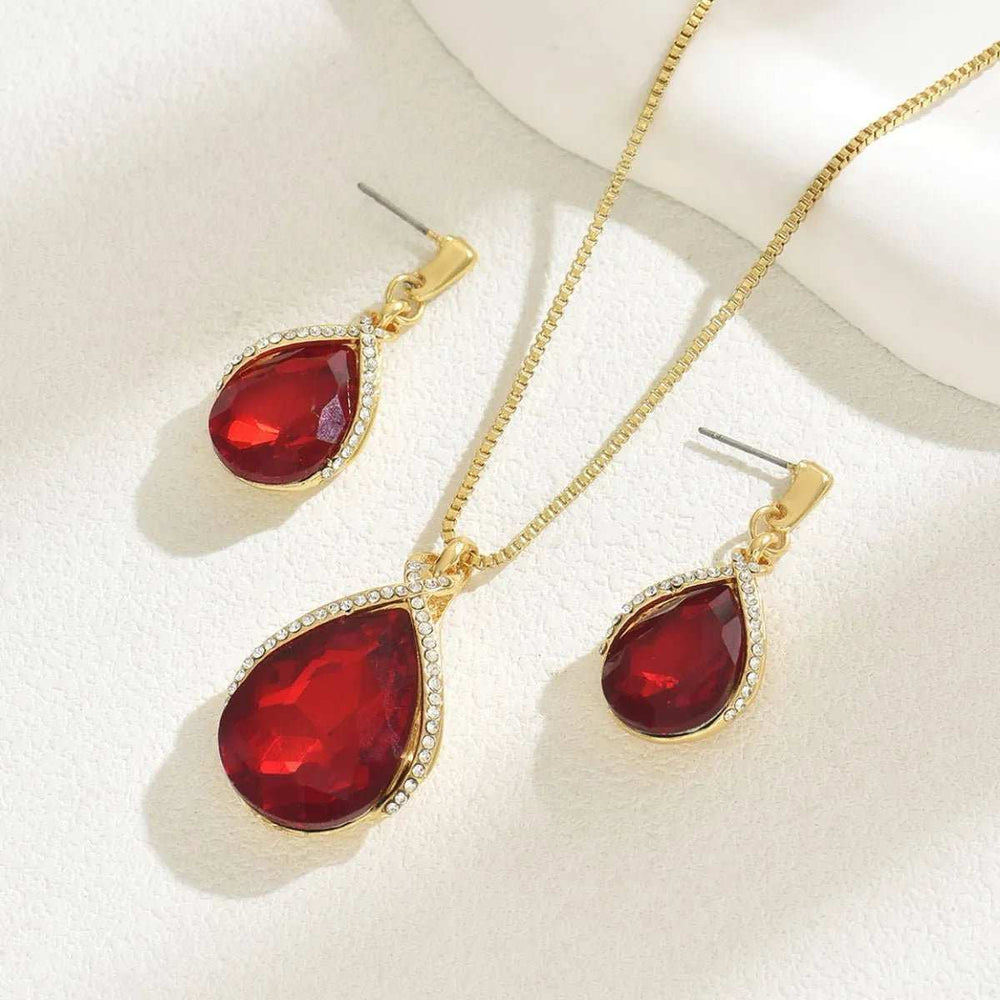 18K Gold-Plated Rhinestone Teardrop Necklace and Earrings Jewelry Set - Trendsi - Flyclothing LLC
