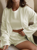Waffle-Knit Round Neck T-Shirt, Open Front Cardigan and Shorts Set - Trendsi