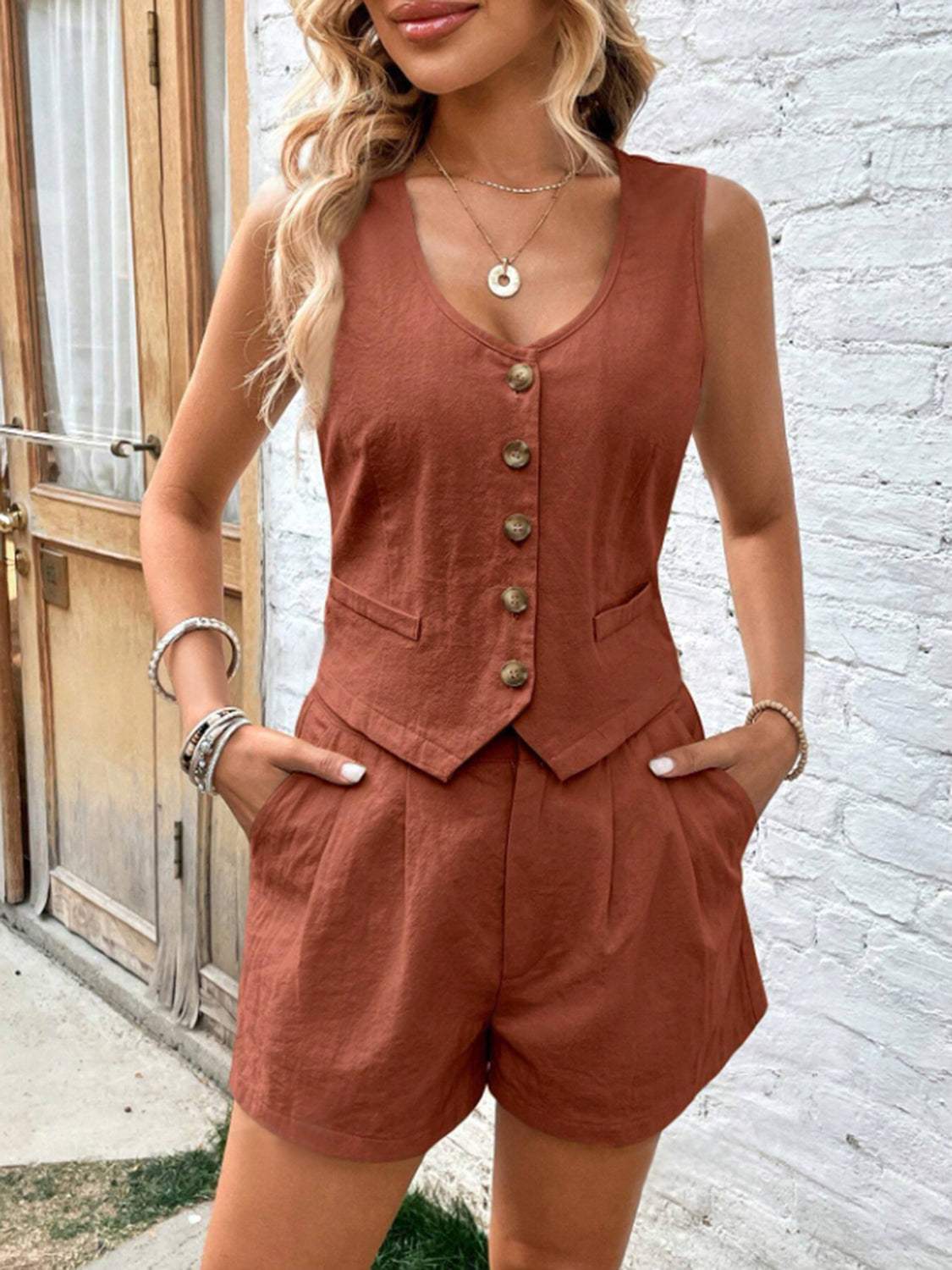 Scoop Neck Sleeveless Top and Shorts Set - Trendsi - Flyclothing LLC