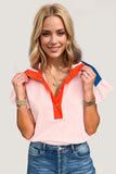 Oh Full Size Contrast Half Snap Short Sleeve Blouse - Trendsi