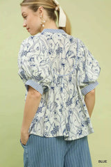 Umgee Mixed Print Puff Sleeve Split Neck Top - Trendsi - Flyclothing LLC