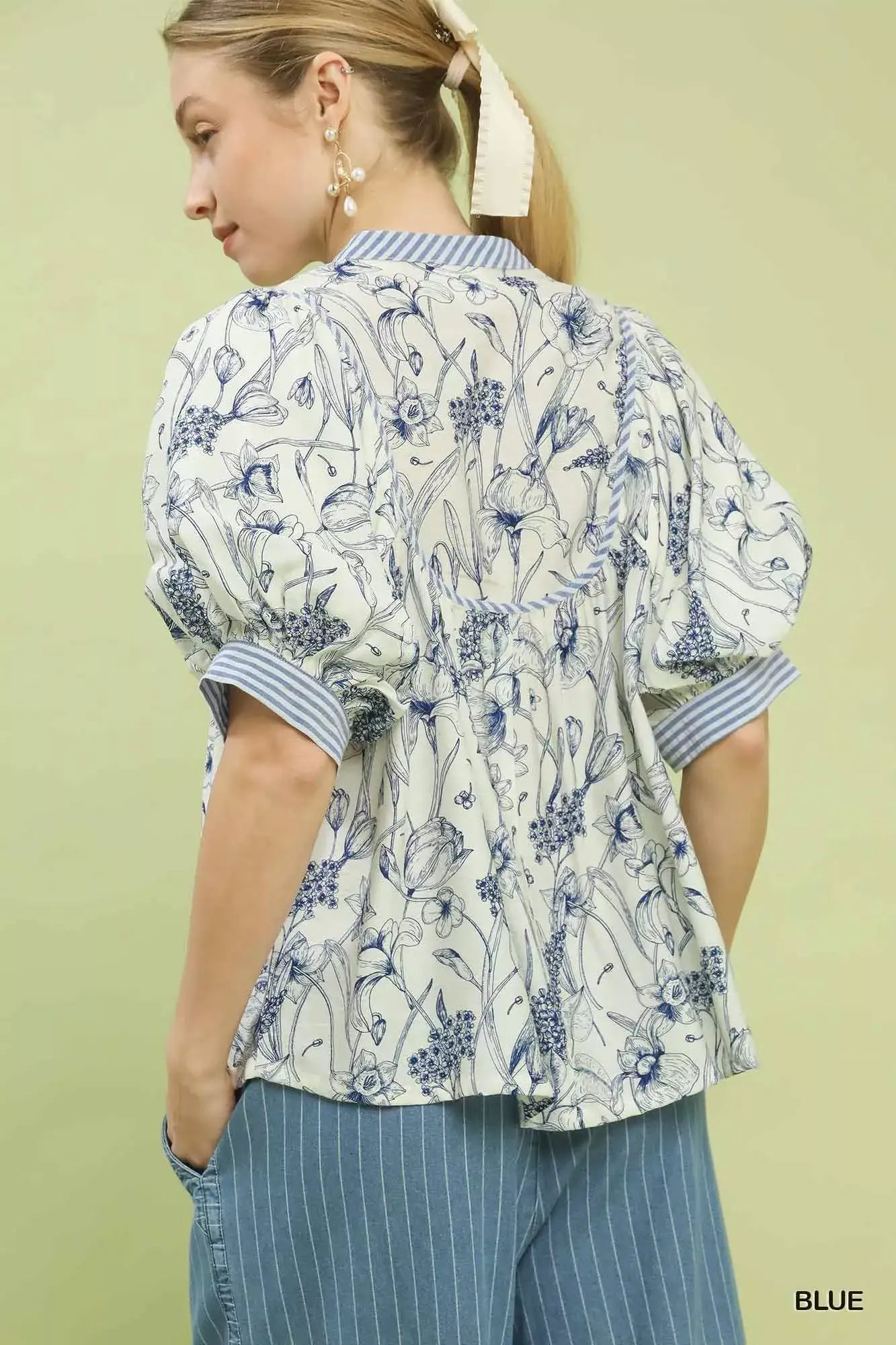 Umgee Mixed Print Puff Sleeve Split Neck Top - Trendsi - Flyclothing LLC