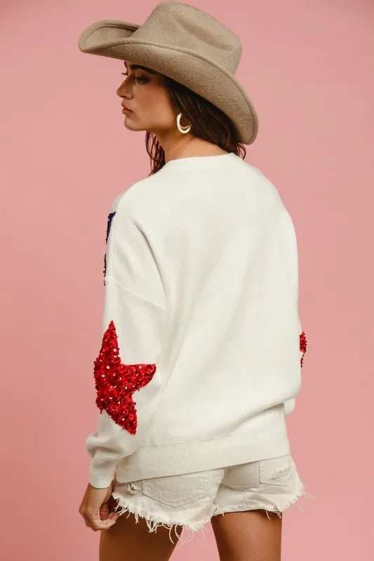 BiBi Velvet Sequin Star Patches Sweater Top - Trendsi - Flyclothing LLC