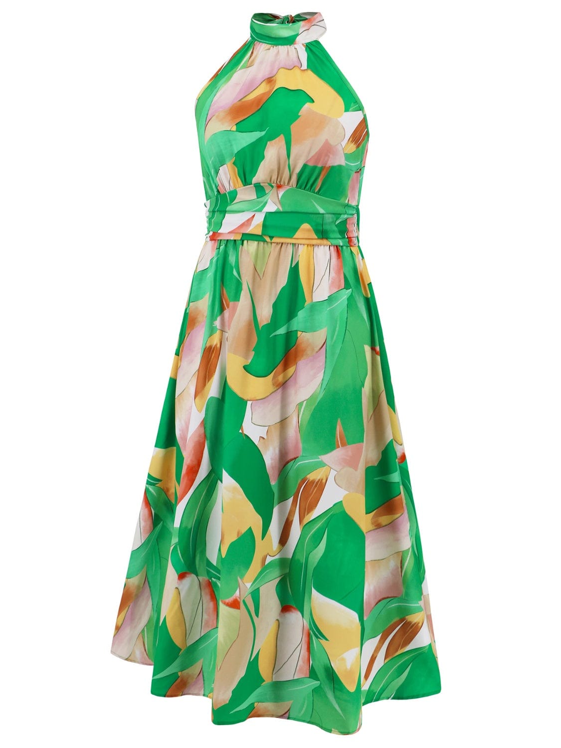 Ruched Printed Halter Neck Sleeveless Dress - Trendsi