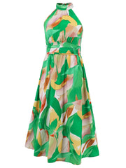 Ruched Printed Halter Neck Sleeveless Dress - Trendsi