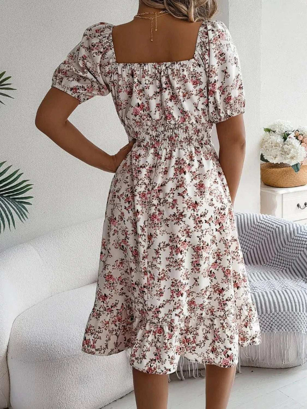 Ruffled Hem Floral Puff Sleeve Dress - Trendsi - Flyclothing LLC