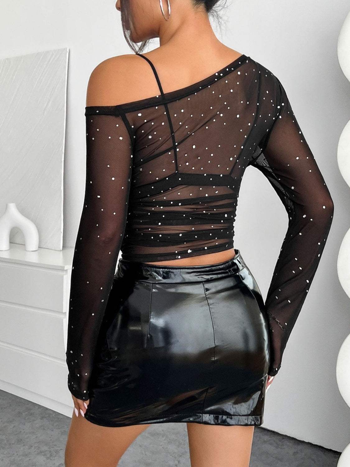 Mesh One Shoulder Long Sleeve Top - Trendsi - Flyclothing LLC