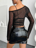 Mesh One Shoulder Long Sleeve Top - Trendsi - Flyclothing LLC