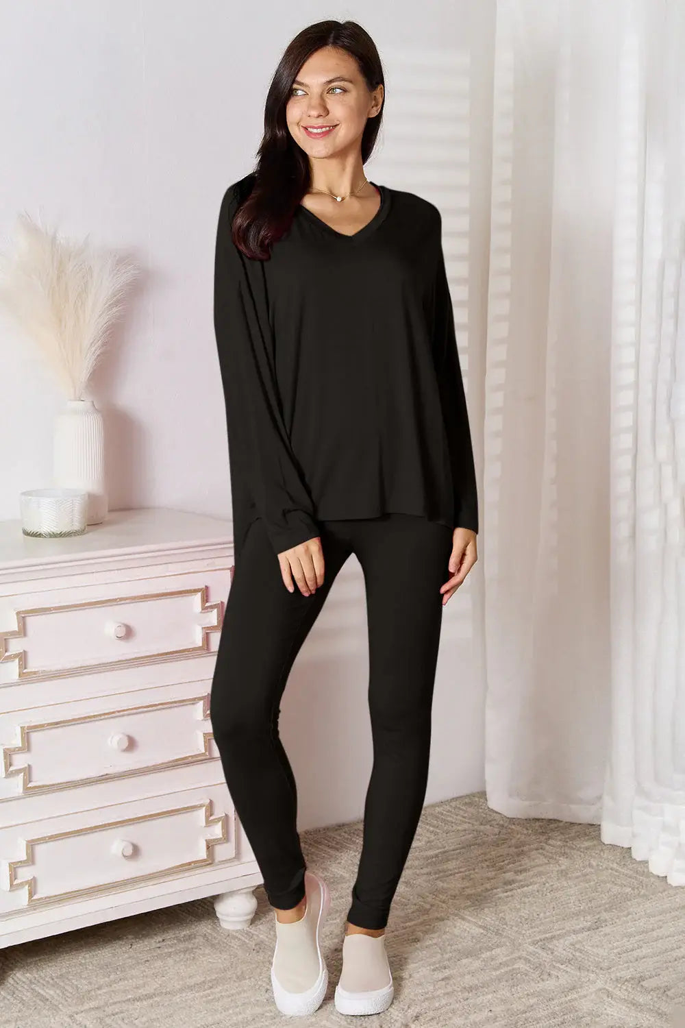 Basic Bae Full Size V-Neck Soft Rayon Long Sleeve Top and Pants Lounge Set - ShopBasicbae - Flyclothing LLC