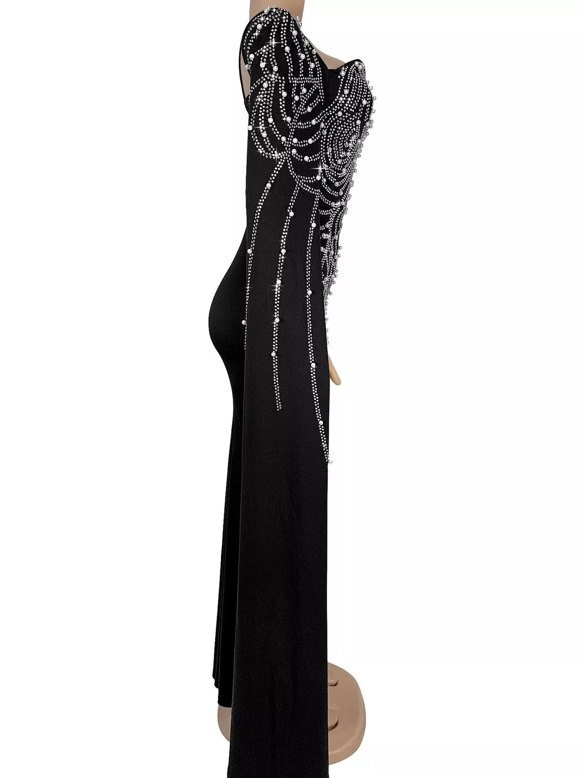 Rhinestone Pearl Detail One-Shoulder Mermaid Maxi Dress - Trendsi - Flyclothing LLC