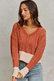 SO ME Chenille Cable Knit V Neck Contrast Cropped Sweater - Trendsi - Flyclothing LLC