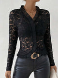 Ruffled V-Neck Long Sleeve Lace Top - Trendsi - Flyclothing LLC
