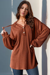 Double Take Full Size Half Button Long Sleeve Hoodie - Trendsi