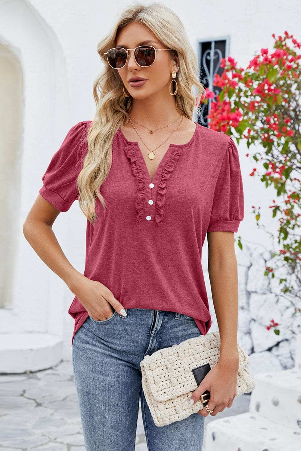 Frill Notched Short Sleeve Blouse - Trendsi - Flyclothing LLC