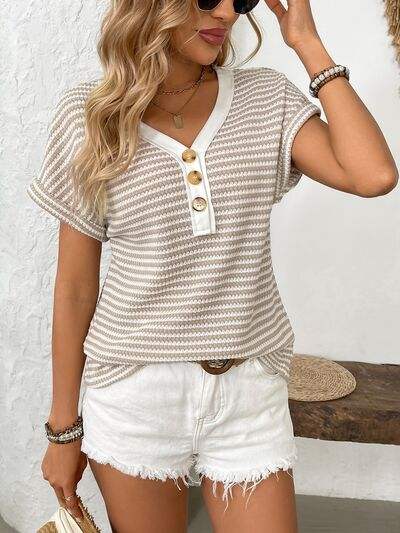 Striped V-Neck Short Sleeve T-Shirt - Trendsi - Flyclothing LLC