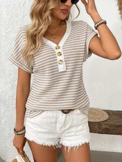 Striped V-Neck Short Sleeve T-Shirt - Trendsi - Flyclothing LLC