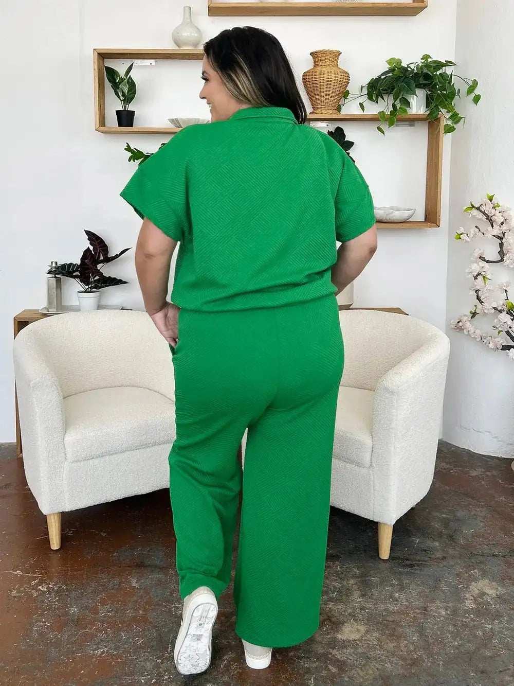 Double Take Full Size Texture Half Zip Short Sleeve Top and Pants Set - Trendsi - Flyclothing LLC