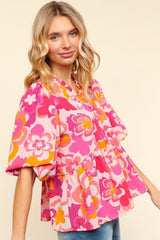 Haptics Full Size Frill Floral Puff Sleeve Blouse - Trendsi