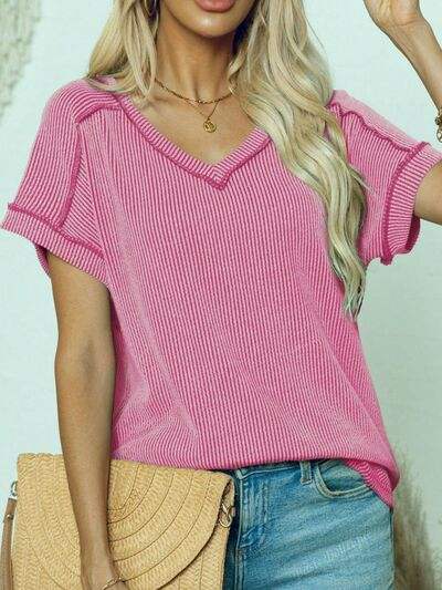 Exposed Seam V-Neck Short Sleeve Top - Trendsi - Flyclothing LLC