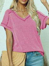 Exposed Seam V-Neck Short Sleeve Top - Trendsi - Flyclothing LLC