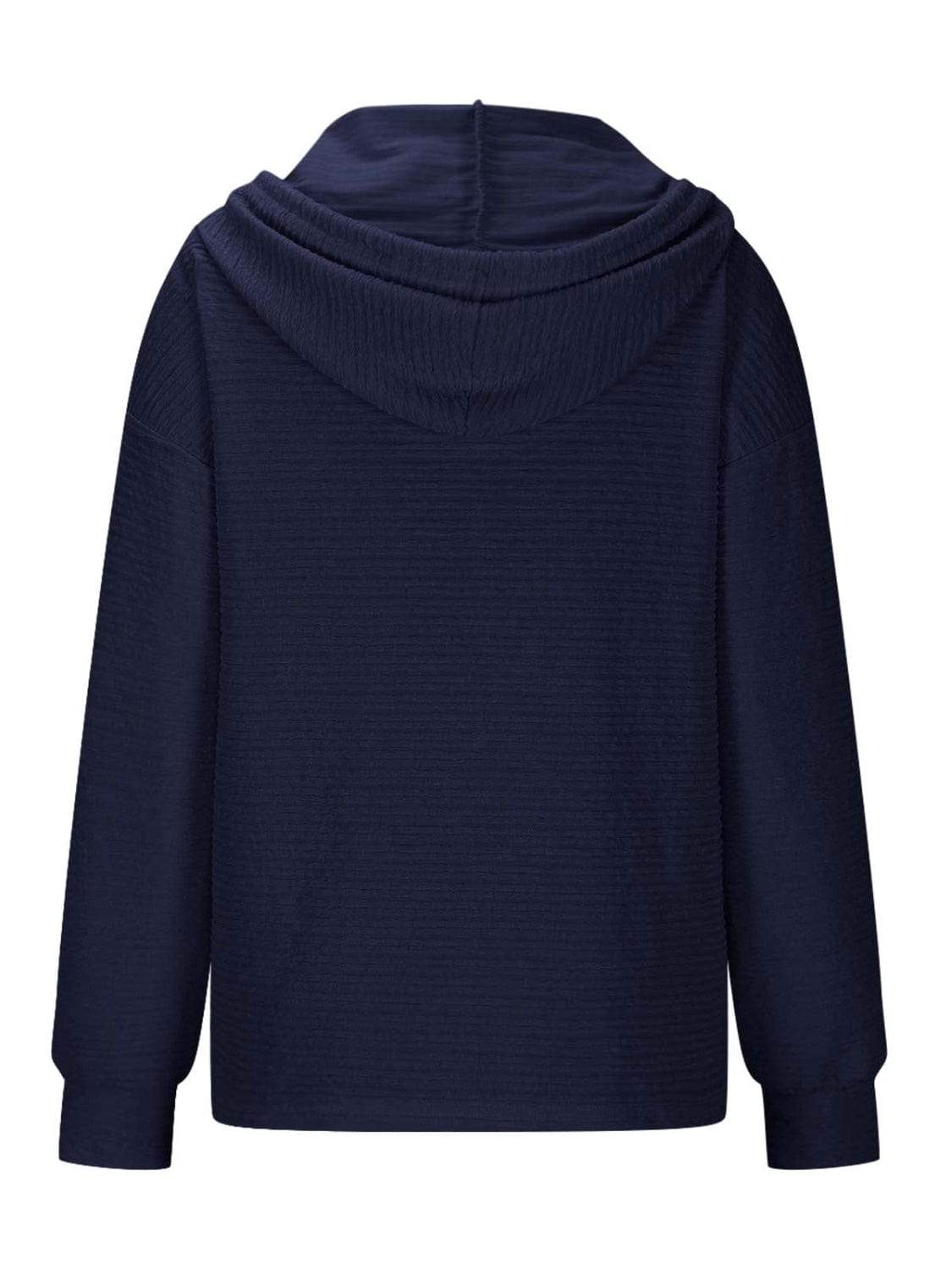 Drawstring Quarter Button Long Sleeve Hoodie - Trendsi - Flyclothing LLC