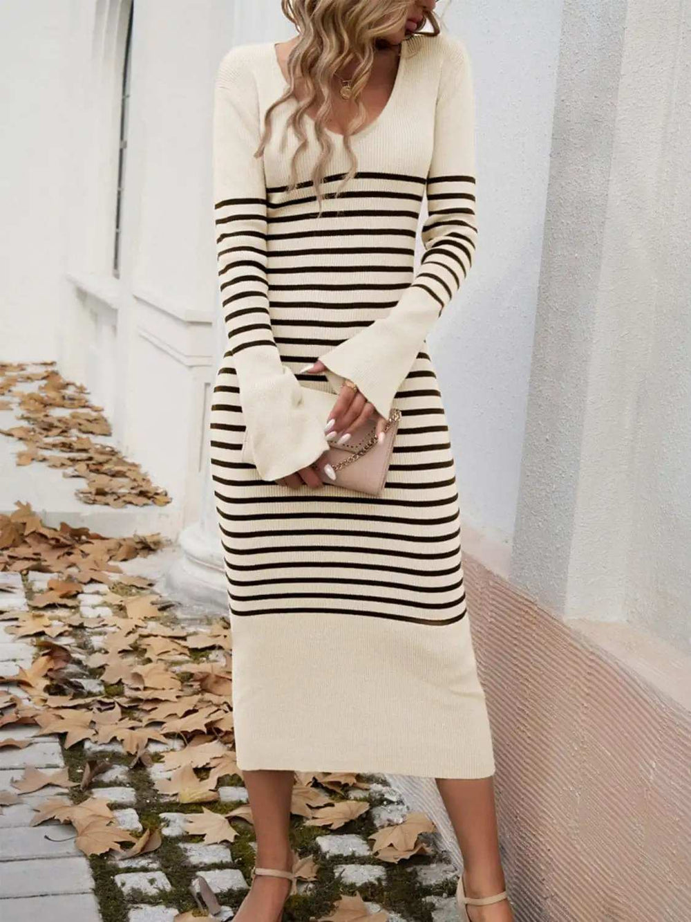 Striped V-Neck Long Sleeve Sweater Dress - Trendsi - Flyclothing LLC