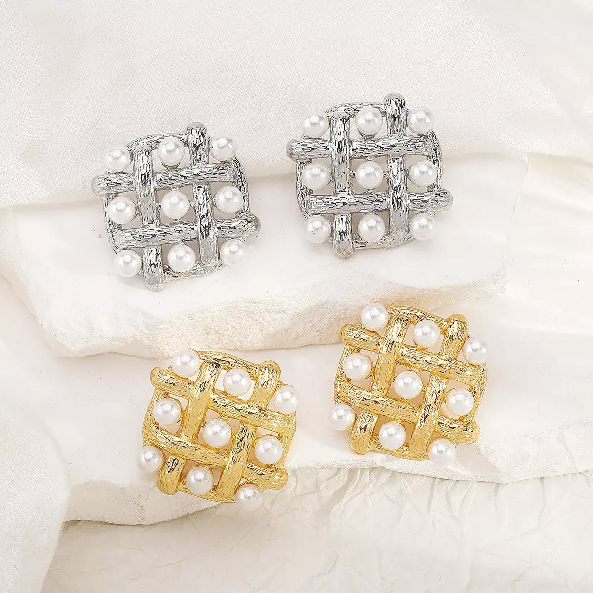 Pearl Grid Square Stud Earrings - Trendsi - Flyclothing LLC