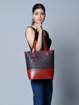 Neela Ajrakh Leather Tote Bag - Classy Leather Bags - Flyclothing LLC