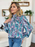 Double Take Full Size Printed Smocked Long Sleeve Blouse - Trendsi - Flyclothing LLC