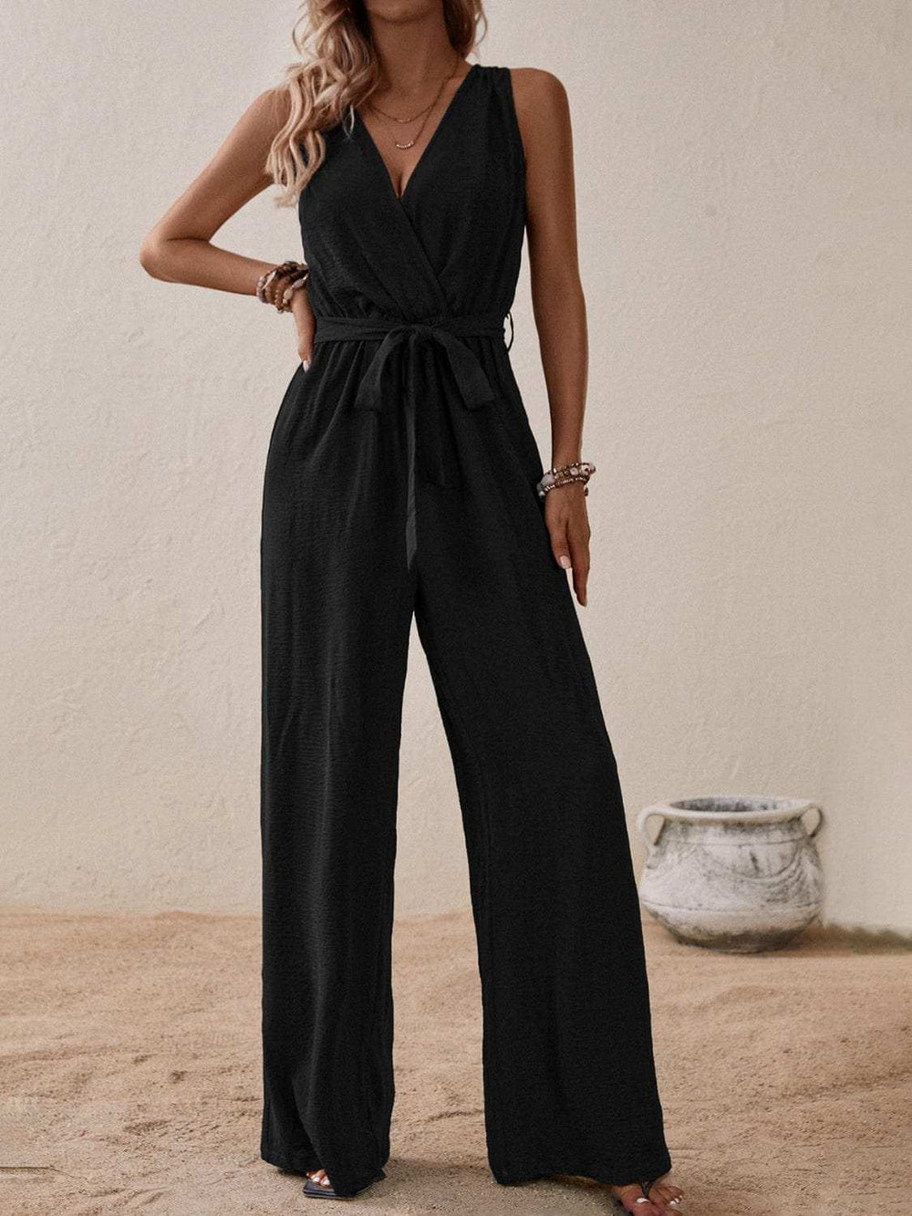 Tied Surplice Sleeveless Wide Leg Jumpsuit - Trendsi - Flyclothing LLC