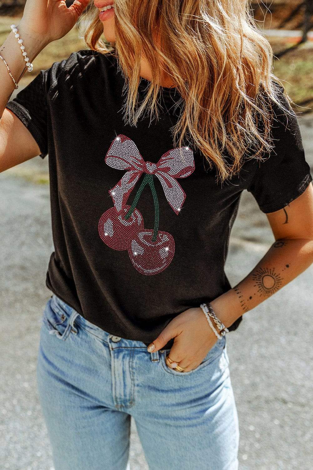 Cherry Graphic Round Neck Short Sleeve T-Shirt - Trendsi - Flyclothing LLC