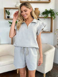 Double Take Full Size Texture Flounce Sleeve Top and Drawstring Shorts Set - Trendsi - Flyclothing LLC