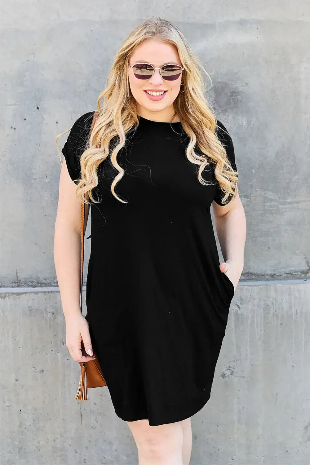 Basic Bae Bamboo Full Size Round Neck Short Sleeve Dress with Pockets - Trendsi - Flyclothing LLC