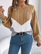 Cable-Knit Color Block Round Neck Sweater - Trendsi - Flyclothing LLC