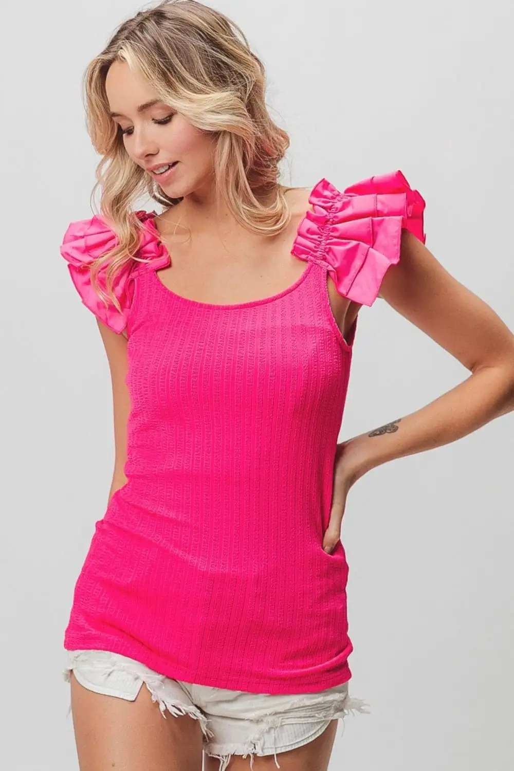 BiBi Ruffled Shoulder Strap Rib Texture Top - Trendsi - Flyclothing LLC