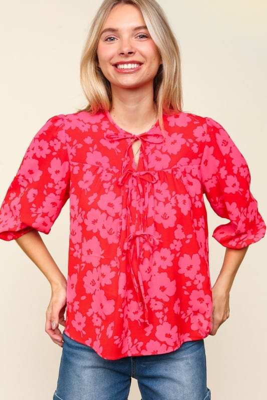 Haptics Full Size Ribbon Bow Floral Balloon Sleeve Blouse - Trendsi - Flyclothing LLC